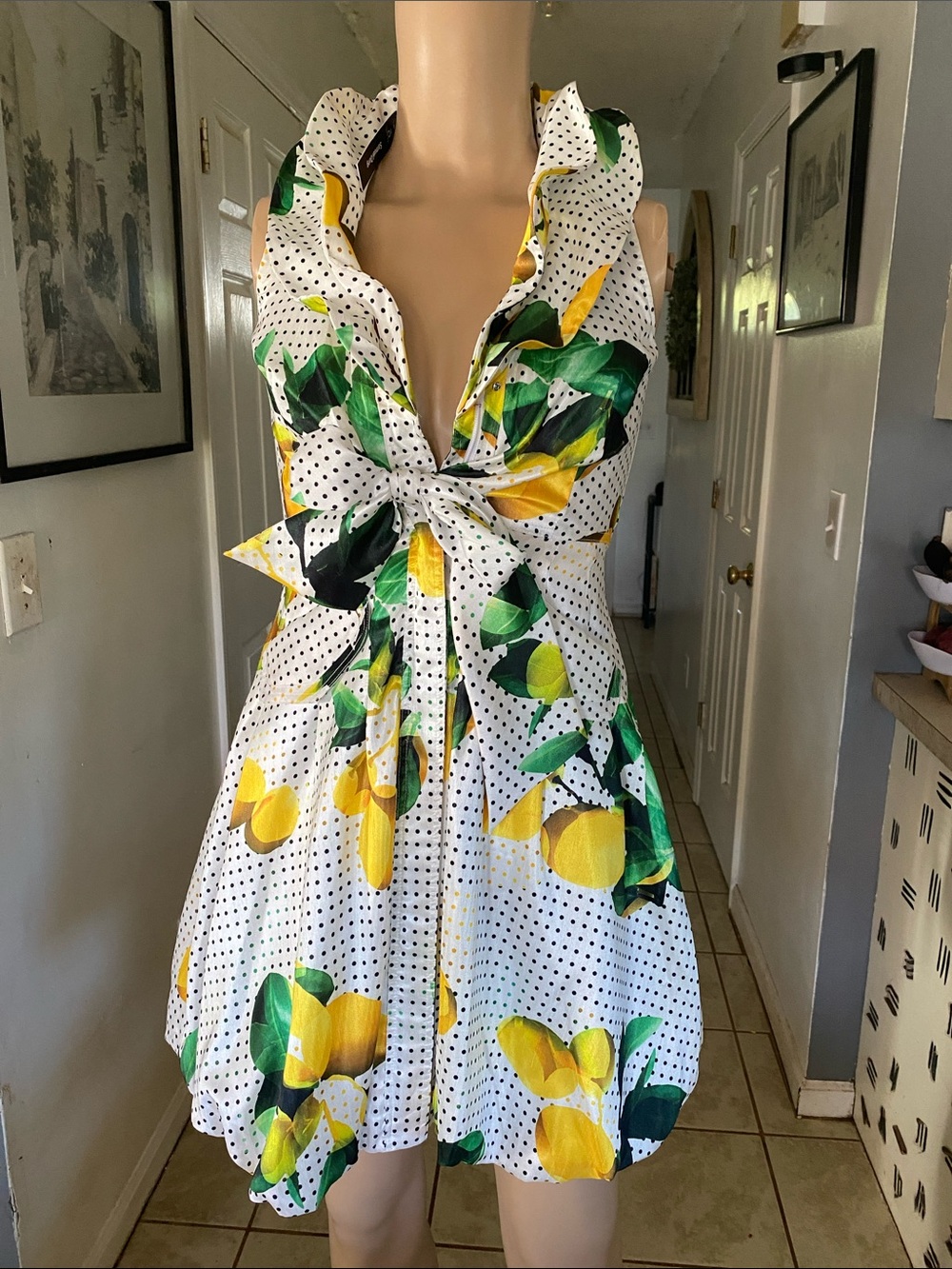 Samuel Dong White Polka Dot Lemon-Print Tie-Waist Bubble Mini Dress